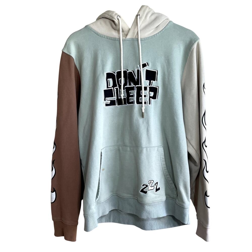 Don't Sleep graphic hooded sweater colorblock front pocket men's size L STAIN